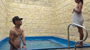 My stepsister surprises me by putting my penis in the pool pipe &mdash;  it excites her and she wants me to fuck her