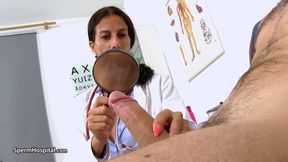 A nurse jacks a patient's huge cock in her office. 10 out of 10 handjob.