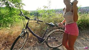 Skinny German Latina Teen Christy Ley with Brown Skin give a risky Outdoor Fuck with Stranger for his help