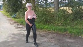 German Granny with Huge Boobs Gets Horny on a Walk Outdoors an Shows Her Big Tits!
