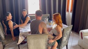 Breakfast at home ends in sex and couple swapping.