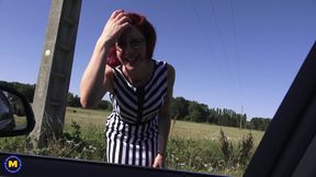 9992bet - Naughty Redhead Flora Milano Goes Hitchhiking for Cock &amp; She Gets Two!