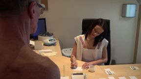 Receptionist takes sperm sample and gets horny